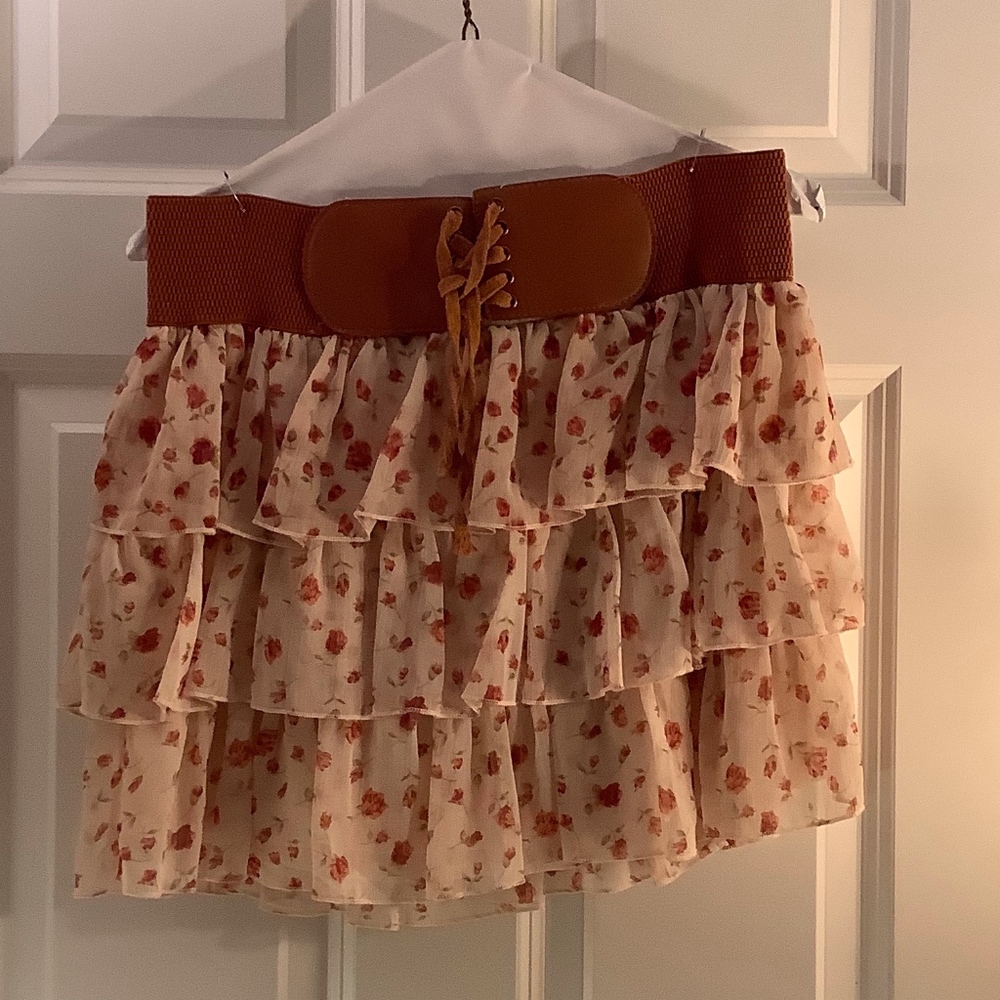 Deb Flowery Flowy Skirt with Large Brown Belt